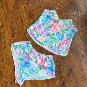 Vintage 90s Deena Tropical Floral Satin Pajama Set